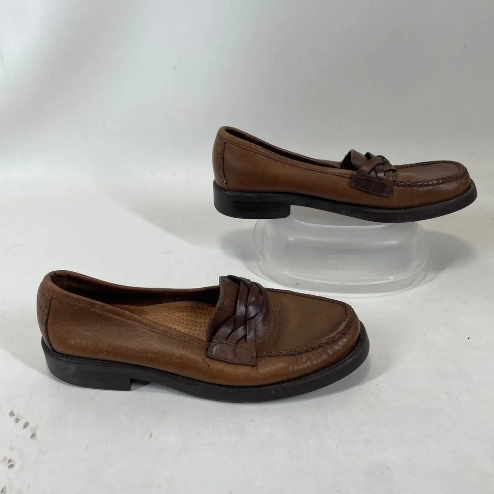 GH Bass Weejuns Mens 6 Brown Leather Braided Strap Moc Toe Loafers Shoes